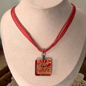 Vintage Red and Gold Washi Paper Glass Pendant Necklace